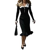 Famnbro Womens Sweater Dress Ruffle Long Sleeve Lapel Casual Elegant Bodycon Fall Midi Knit Dresses 2025