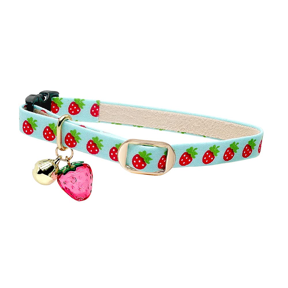 PetSoKoo Cute Cat Collar With Bell and Strawberry Charm.100% Cotton.Safety Breakaway Soft.For Girl Boy Male Female Kitten Collar