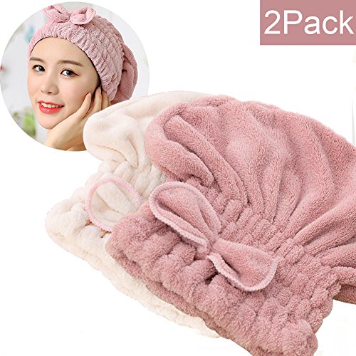 SweetCat 2PC Microfiber Hair Drying Caps, Extrame Soft & Ultra Absorbent, Fast Drying Hair Turban Wrap Towels Thick Fluffy Shower Cap for Girls and Women (Pink+Beige)