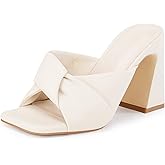 Coutgo Womens Chunky Heeled Mules Puffy Knot Square Open Toe Slip On Sandals Summer Evening Party Prom Shoes