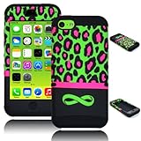 Bastex Heavy Duty Hybrid Case for iPhone 5C, 5th Generation - Black Silicone / Leopard Print Hard Shell with Infinity Symbol