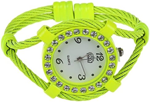cussi Steel Wire Crystal Quartz Bracelet Bangle Wrist Watch Fluorescent yellow