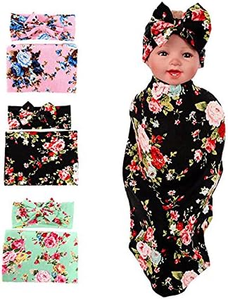 SHELLBOBO 3Pcs/lot Newborn Baby Sleep Swaddle Sack Cocoon Floral Blanket Headband Set (black)