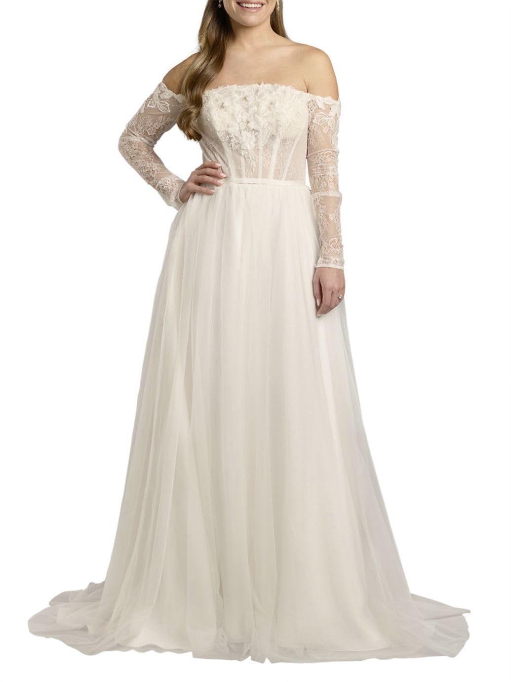 Photo 1 of David's Bridal Off-The-Shoulder Tulle Corset A-Line Wedding Dress, Women's Size 22W, Soft White