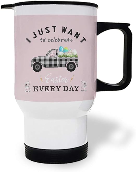 Amazon Com 15 Oz Car Mugs With Handle The Cartoon Bunny Drives A Plaid Truck Carrying Easter Eggs Stainless Steel Insulated Tumbler Travel Coffee Mug With Lids Double Wall Coffee Cups