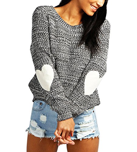 Womens Cute Heart Shaped Elbow Long Sleeve Knit Sweater Pullover