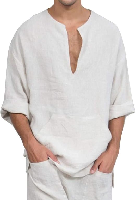 Mens Cotton Linen Long Shirt Fashion Casual Loose Button Top Beach V-Neck Long Sleeve T-Shirt S 