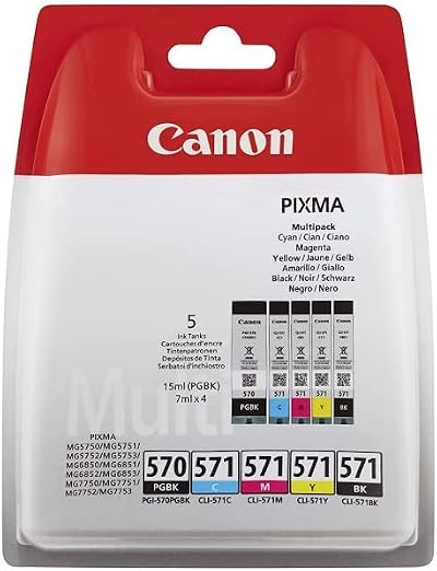 Canon PGI-570 BK CLI-571 BK C M Y PGBK Pack of 5 Cartridges Genuine Canon