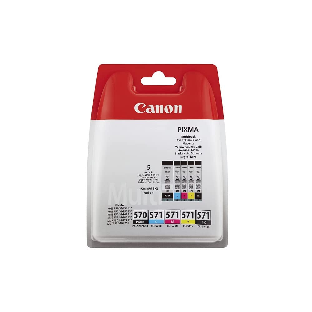 Canon PGI-570 BK CLI-571 BK C M Y PGBK Pack of 5 cartridges (Black Cyan Magenta Yellow Office Black Colour) Genuine Canon (Plastic Pack)