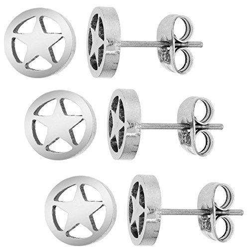 3 PAIR PACK Small Stainless Steel Army Star Stud Earrings 3/8 inch