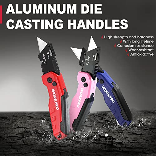 WORKPRO Folding Utility Knife, Quick Change Box Cutter, Razor Knife for Cartons, Cardboard, Boxes, Blade Storage in Handle, 13 Extra Blades Included (Blue)