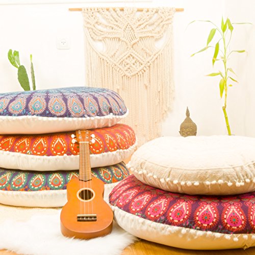Mandala Life ART Bohemian Yoga Decor Floor Cushion Cover - 30 inches - Round Floor Pillow Pouf Cover - Hand Printed Organic Cotton by Colorful Pink - Thumbnail 7