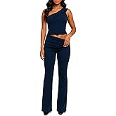 WXN Two Piece Sets for Women Summer Casual One Shoulder Crop Top Foldover Pants Set