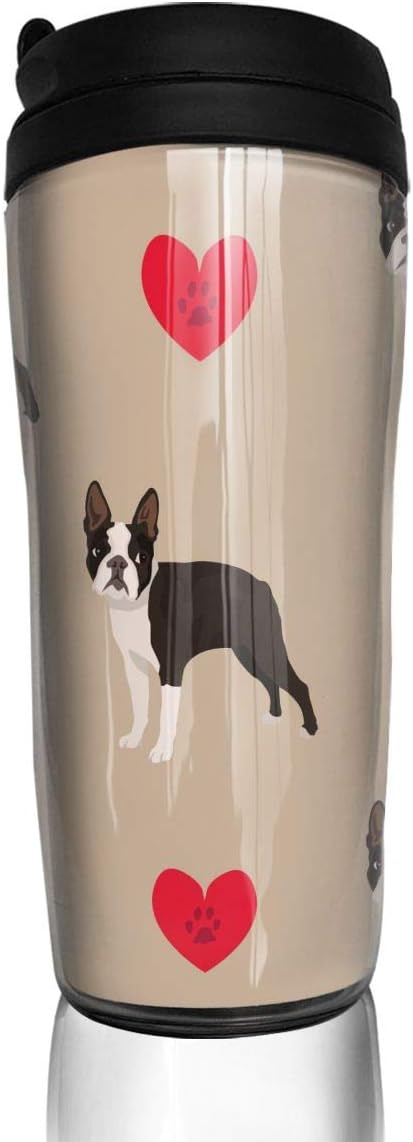 HEHE TAN Boston Terrier with Hearts Clear Milk Coffee Cup Plastic Travel Mug,12 Oz (350 Ml)