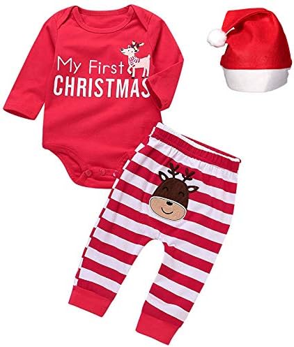 Arleysh Baby Boys Girls My First Christmas Romper+Stripe Pants Set with with Christmas Hat