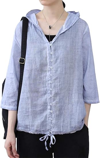 Amazon サユム パーカー レディース綿麻 シャツ 可愛い フード付き スウェット カジュアル インナー かわいい ルームウェア 前開き シャツ パープル ｆ トレーナー パーカー 通販