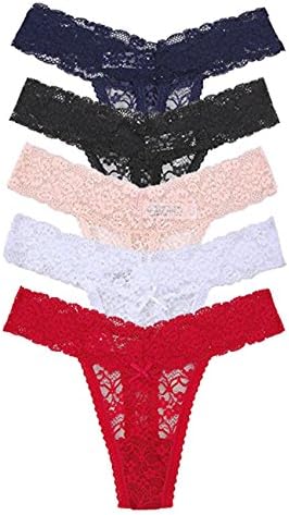 Airrioal Women's Lace Cheeky Thong Underwear Plus Size No Show Nylon Sexy Hipster Panties 5 Pack (XL Fits Waist 34.65"-39.37")