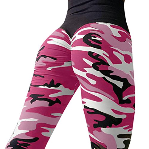 Paymenow Women's Camouflage Ruffled Yoga Pants Leggings Exercise Workout Pants Tummy Control Gym Tights (L, Hot Pink)