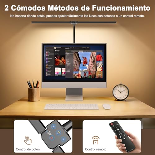Lampara de Escritorio LED con Control Remoto, 1800LM Luz Escritorio Doble Cabezal Ultra Ancha, 5 Temperaturas Color y 5 Brillos, Lámpara Mesa con Pinza para Monitor, Oficina, Estudio, Lectura y Gaming