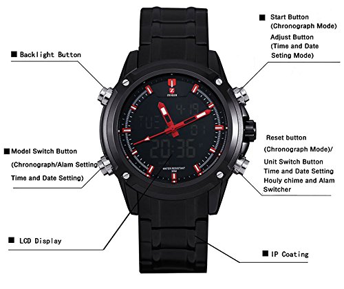 Zeiger New Men Analog Digital Sport Watch Black Stainless Steel Military Aviator Pilot LED Display Watch for Men (Black)