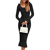 Wenrine Womens Bodycon Midi Sweater Dress Casual Ribbed Knit Bell Long Sleeve Ruffle Crewneck Decor Button Dresses