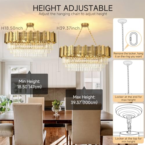 AOOCHOK Modern Gold Crystal Chandelier, Oval Crystal Chandelier, Suitable for Living Room, Dining Room, Bedroom and Restaurant, 80*35cm