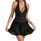 VECENEY Womens One Piece Swim Dress Swimsuit Tummy Control Bathing Suit Halter Mesh Sheer Swimwear