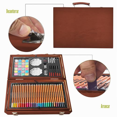 KINSPORY Briefcase Paints for Children, 139 Pieces Drawing Games, Watercolor Pencils with Wooden Box (Brown)