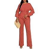 HWP Women 2 Piece Outfits Sets Ruffle Long Sleeve Peplum Top Flared Pants Business Pantsuits Casual Vacation Club Outfits