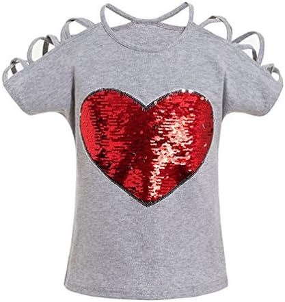 Girl Short Sleeve Heart Shaped Sequin Print T-Shirt Top