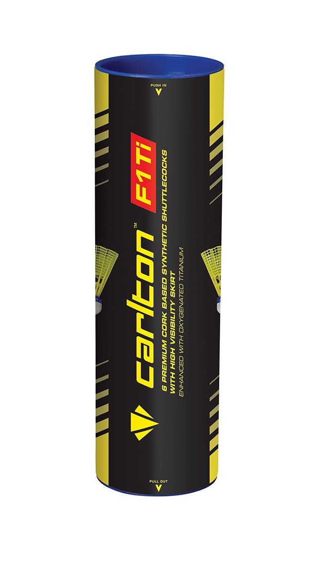Carlton Premium Badminton Shuttle F1 TI Yellow – Blue, Medium Speed (77 Grains), for Tournament and Club Players (1 x 6 Tube)