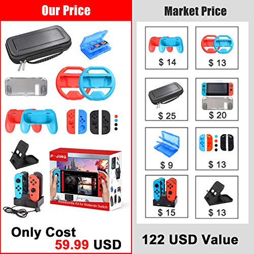 Accessories Kit for Nintendo Switch, 17 in 1 Essential Kit Including Carry Case Games Starter Wheel Grip Controller Charger TPU Cover Joy Con Covers Thumb Caps Game Card Slot Holder - Thumbnail 6