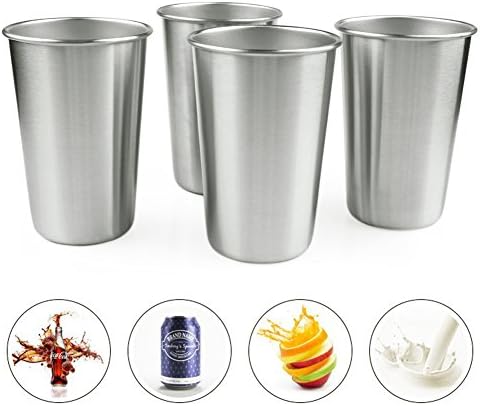 Premium Stainless Steel 16oz Pint Cup (4 Pack) - Premium Metal Drinking Glasses - Great for Kids &amp; Toddlers (Silver, 4 Pack)