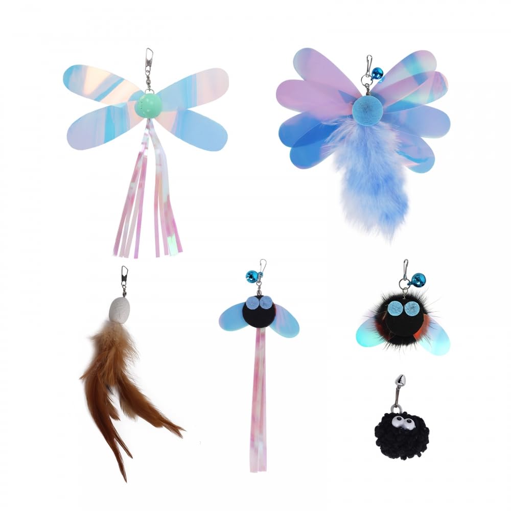 DONGKER 6 PCS Plush Cat Dragonfly Refill with Bell Buckle Design Kitten Wand Replacement for Teeth Cleaning, Playing, Chasing