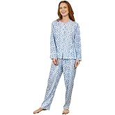 LA CERA Women's Pajama Sets, 100% Cotton Long Sleeve Ribbon Lace Trim Pajama Set, Floral Cotton Knit Pajama Set with Round Neckline and Button Front Blue