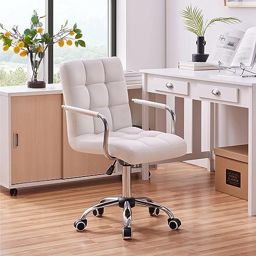 Yaheetech White Desk Chairs With Wheels/Armrests Modern PU Leather Office Chair Midback