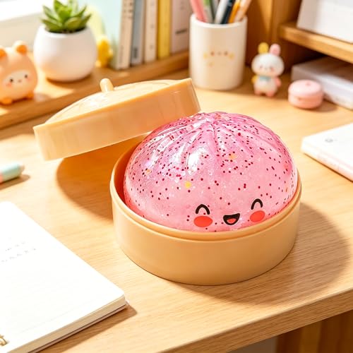 Glitter Squishy Dumpling, Glitter Squishy Dumpling Box, Adult Dumplings Squishy, Anxiety Relief, Adult Soft Squeeze Decompression Dough(Transparent Pink)