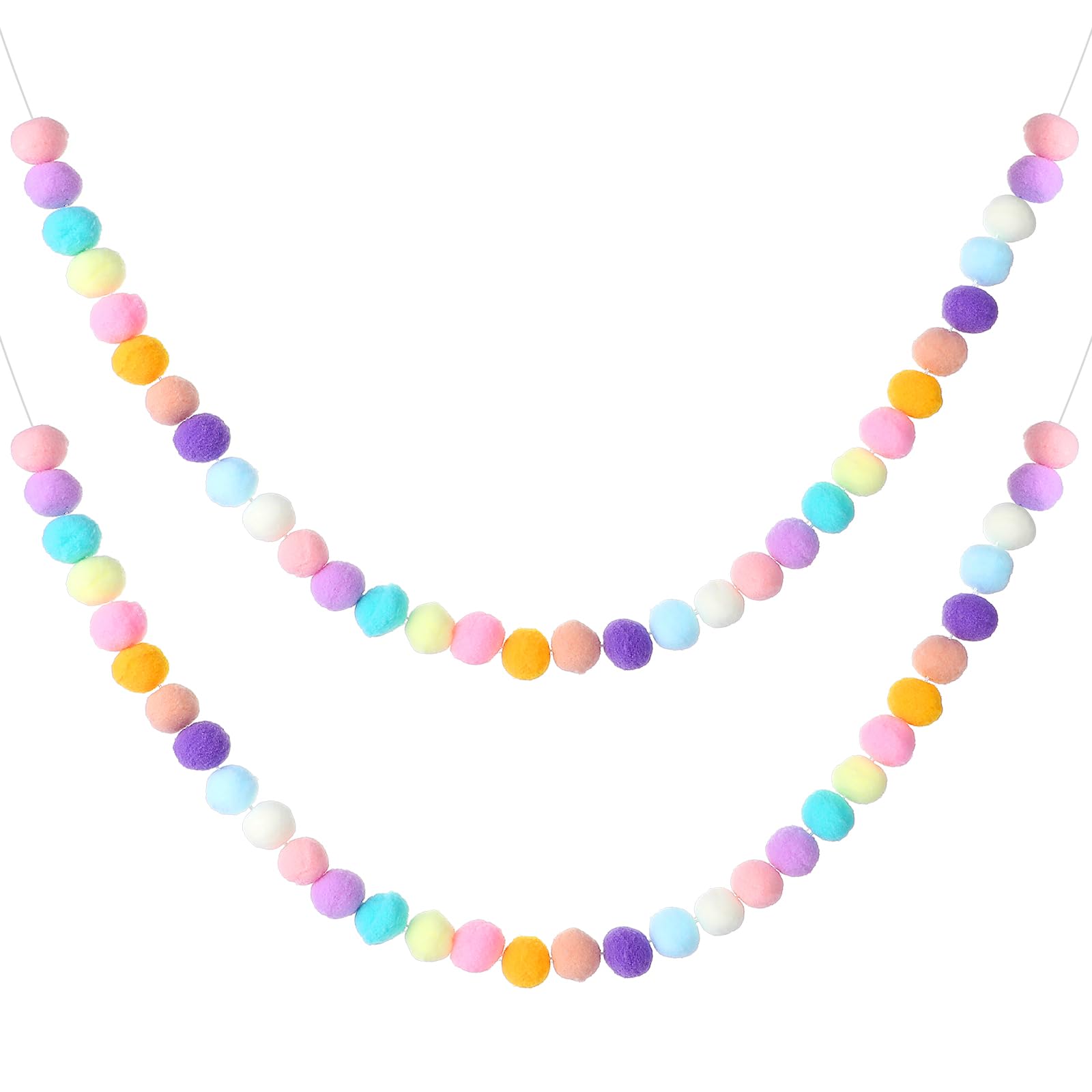 2 PCS 200cm Pom Pom Garland 24 Colorful Wool Furry Ball Handmade Cute Balls String Paper Pom Poms Hanging Decorations for Wall Mardi Gras Easter Halloween Thanksgiving Christmas Tree (Macaron Color)