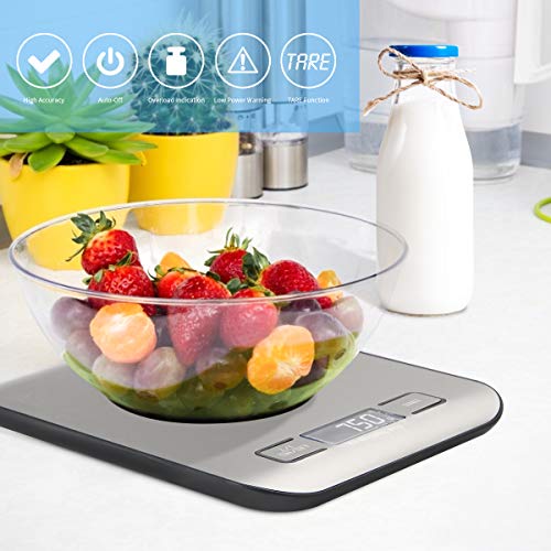 Digital Kitchen Scale, Multifunction Food Scale Measure weight(MAX:11LB/5KG/176OZ) accurately, Stainless Steel Scale digital weight, Tare Function, Large LCD Display, Waterproof and 4 unit