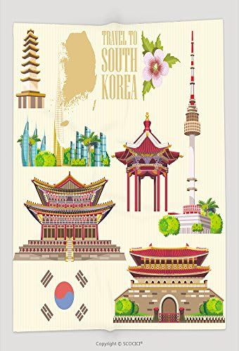 Custom Throw Blanket South Korea Travel Vector Set With Pagodas And Traditional Signs Korea Journey Card With Korean 490588819 and Comfortable