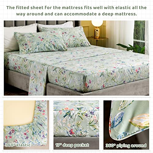 QSH Green Floral Queen Size Sheet Sets Green Flower Bird Butterfly