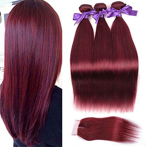 Comely Hair #99j Burgundy Color Straight Peruvian Human Hair 3 Bundles With Closure Red Wine 100% Unprocessed Virgin Human Hair Weave Extensions With Lace Closure 4"x4" Free Part (12 14 16 +10)