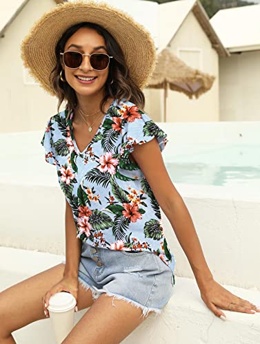 NANYUAYA WOMENS SUMMER TOPS RUFFLE SHORT SLEEVE TSHIRT CASUAL V NECK FLORAL PRINT SHIRT