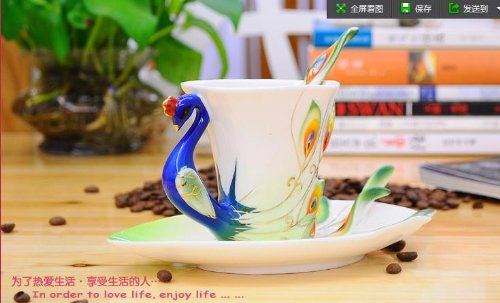 Collectable Fine Arts China Porcelain Tea Cup and Saucer Coffee Cup Peacock Theme Romantic Creative Present for Wedding/christmas Three Sets (Green)