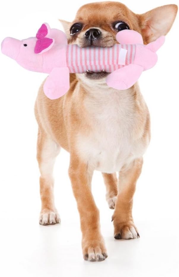 Dog Squeaky Toys, Pet Chew Toy Plush Skin Stuffless and Sound Fun Animal Shape Types Tug & Interactive for Gift (Pink Pig)