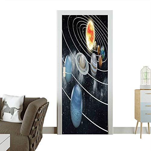 Door Sticker Wall Decals System All Eight Planets and The Sun Pluto Jupiter Mars Venus Science Fiction Easy to Peel and StickW35.4 x H78.7 INCH