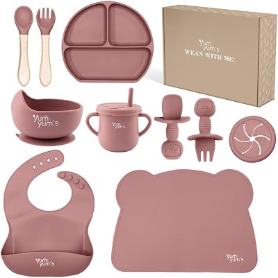 Yum Yum's Baby Weaning Set 10-Piece Pink Feeding Kit with Plates & Bibs