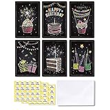 48-pack Happy Birthday Cards, Ohuhu Black Folded Card for Kids Birthday, Blank Inside Greeting Note Cards W/White Envelopes and Stickers, 4x6 Inch, Candle, Cake, Gift, Spark Designs Card Stocks
