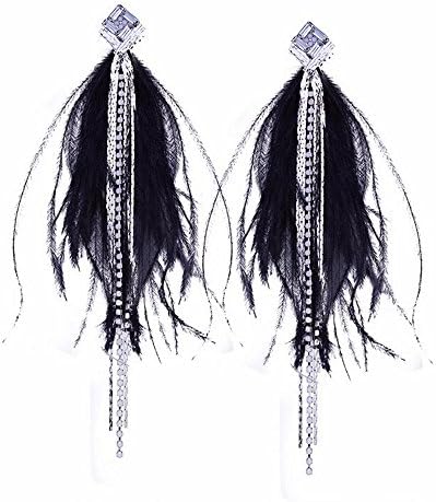 Long Dangle Black Feather Tassel Earrings Vintage Light Rhinestone Earrings For Women Jewelry