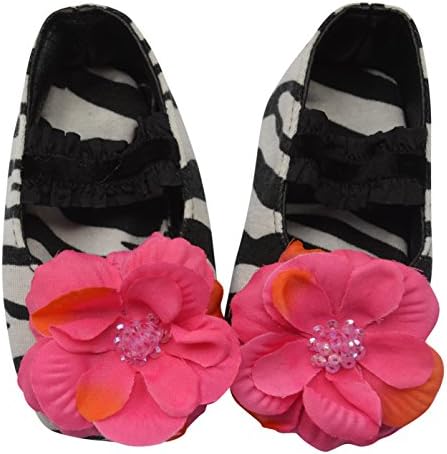 PLH Bows Zebra Print, Infant Crib Shoe, Fuchsia Flower with Sequins